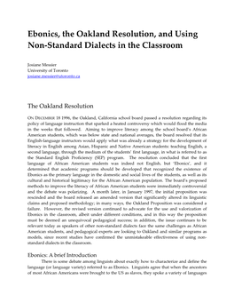 Ebonics, the Oakland Resolution, and Using Non-Standard Dialects in the Classroom