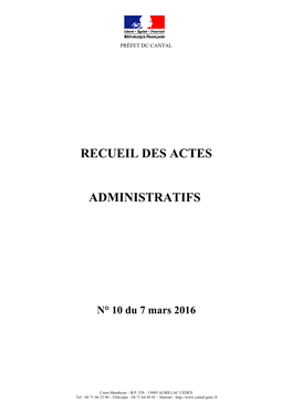 Recueil Des Actes Administratifs De La Préfecture Du Cantal