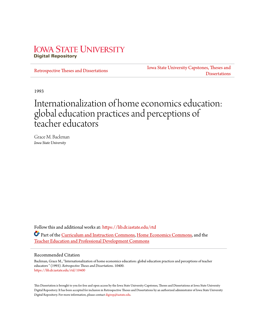 Internationalization of Home Economics Education: Global Education Practices and Perceptions of Teacher Educators Grace M