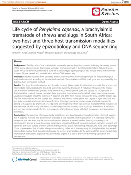 Life Cycle of Renylaima Capensis, a Brachylaimid Trematode Of