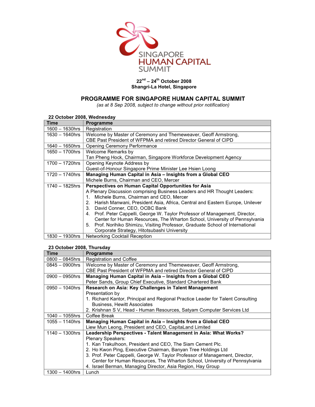 PROGRAMME for SINGAPORE HUMAN CAPITAL SUMMIT (As at 8 Sep 2008, Subject to Change Without Prior Notification)