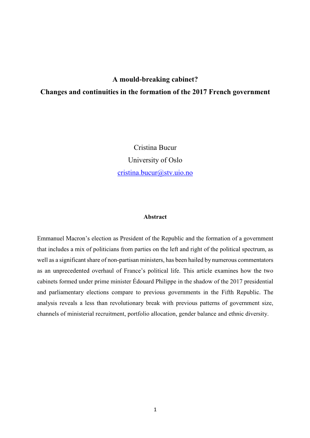 A Mould-Breaking Cabinet? Changes and Continuities in the Formation of the 2017 French Government