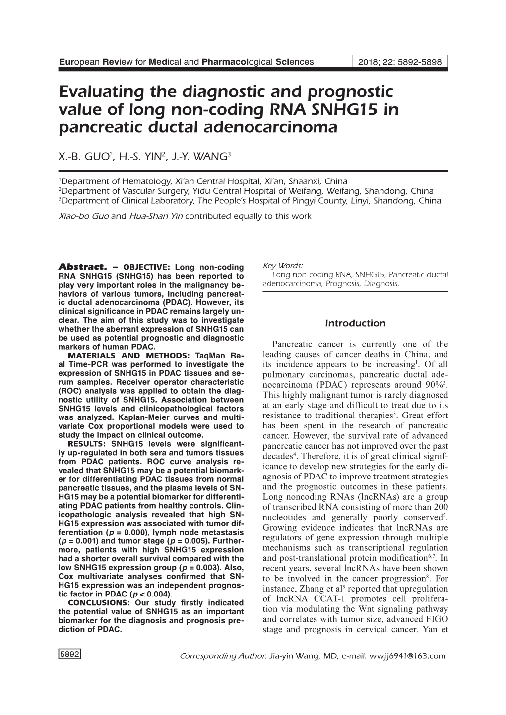 Long Non-Coding RNA SNHG15 in Pancreatic Ductal Adenocarcinoma