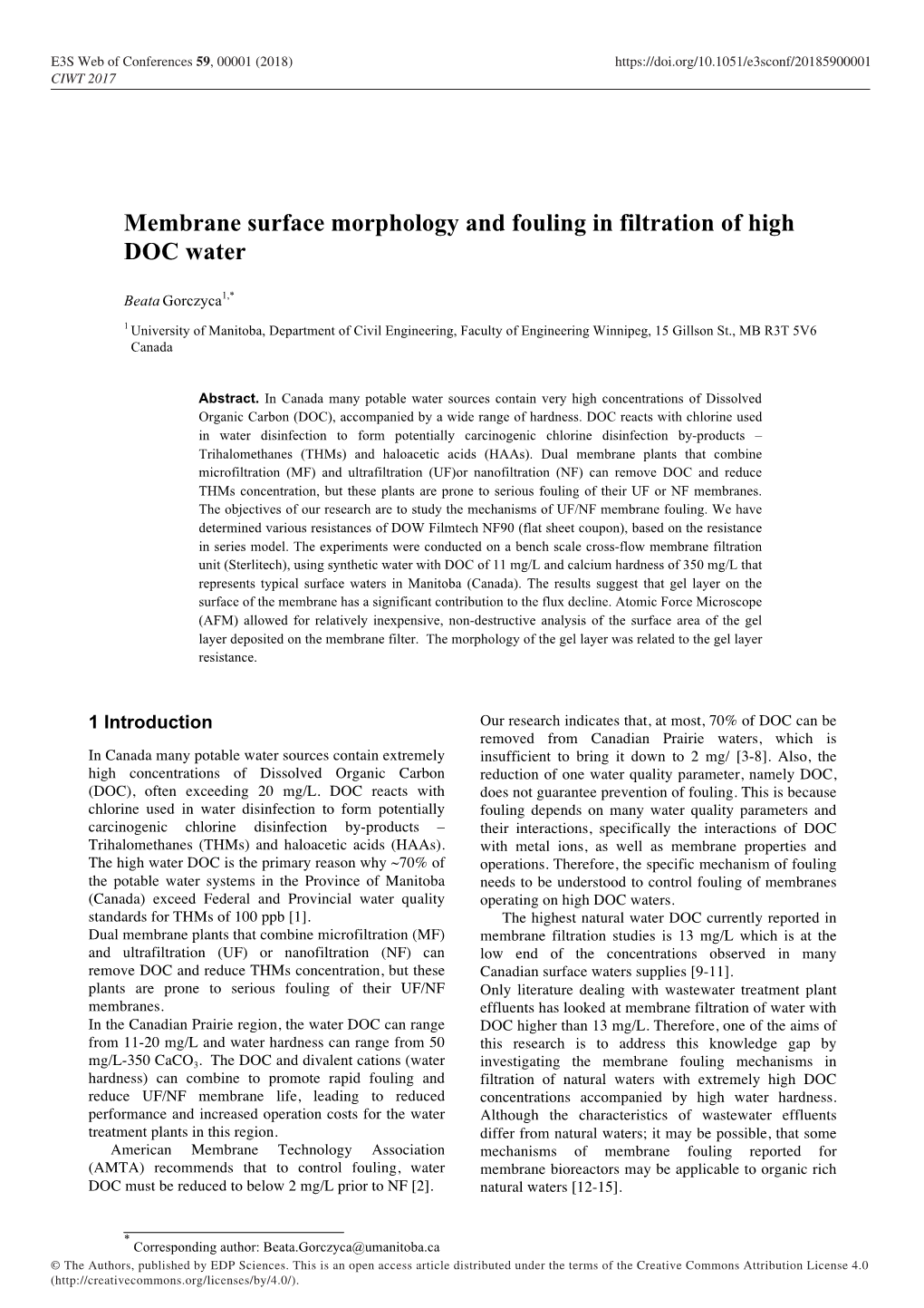 Membrane Surface Morphology and Fouling in Filtration of High DOC Water