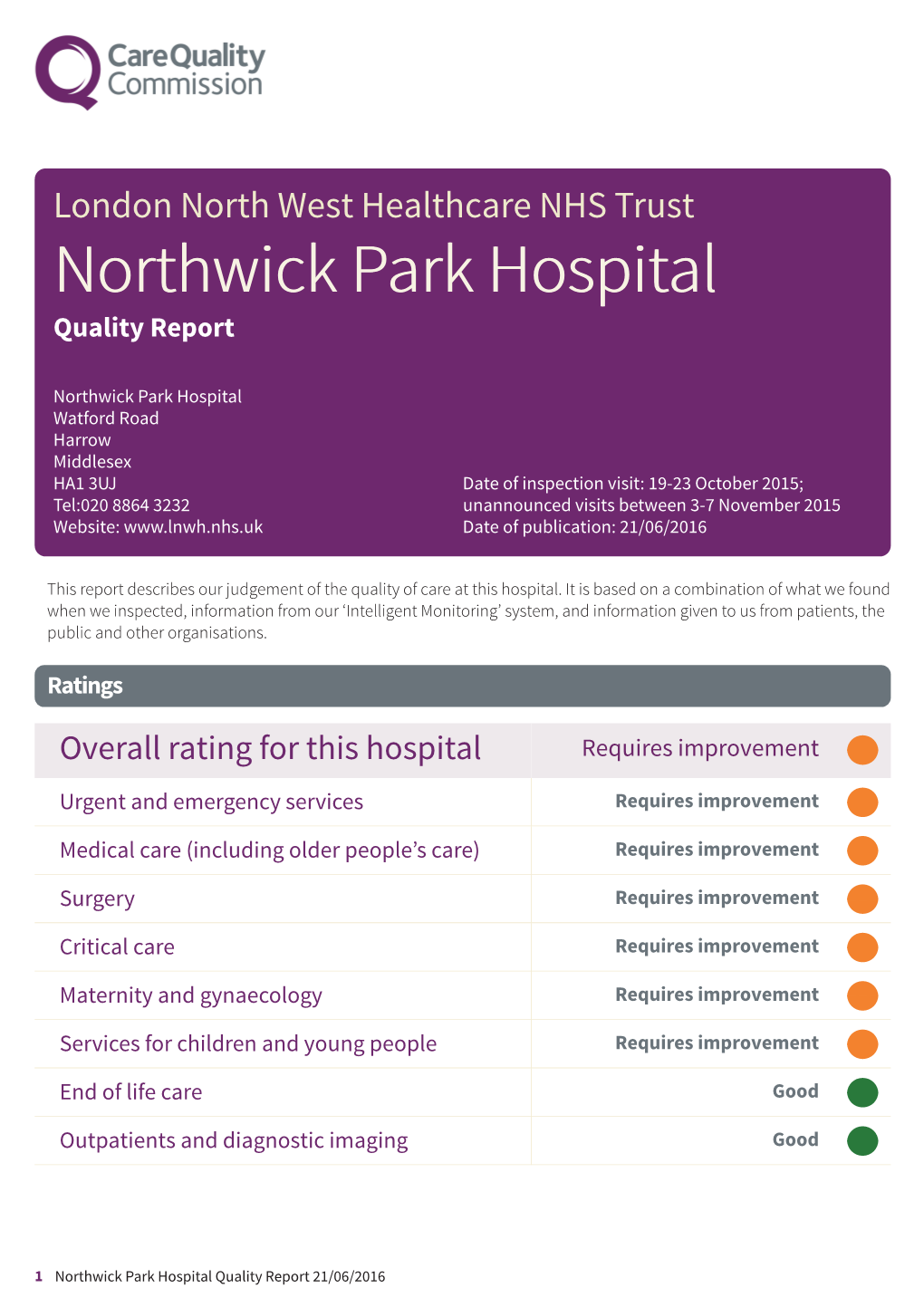 Northwick Park Hospital Quality Report