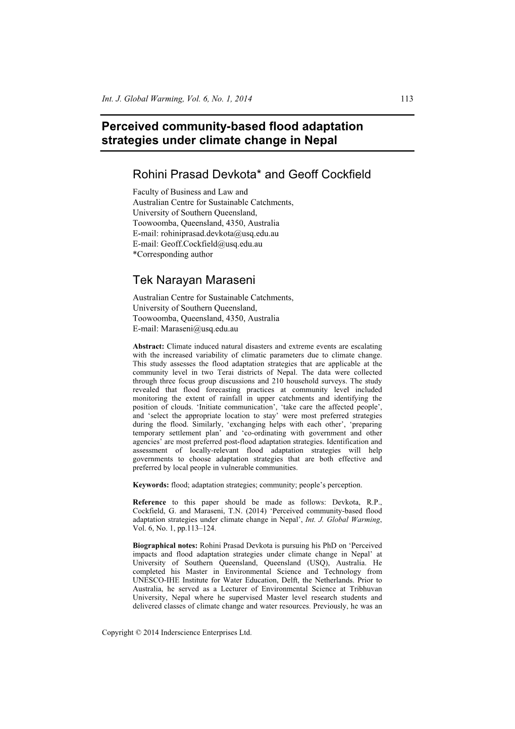 Perceived Community-Based Flood Adaptation Strategies Under Climate Change in Nepal