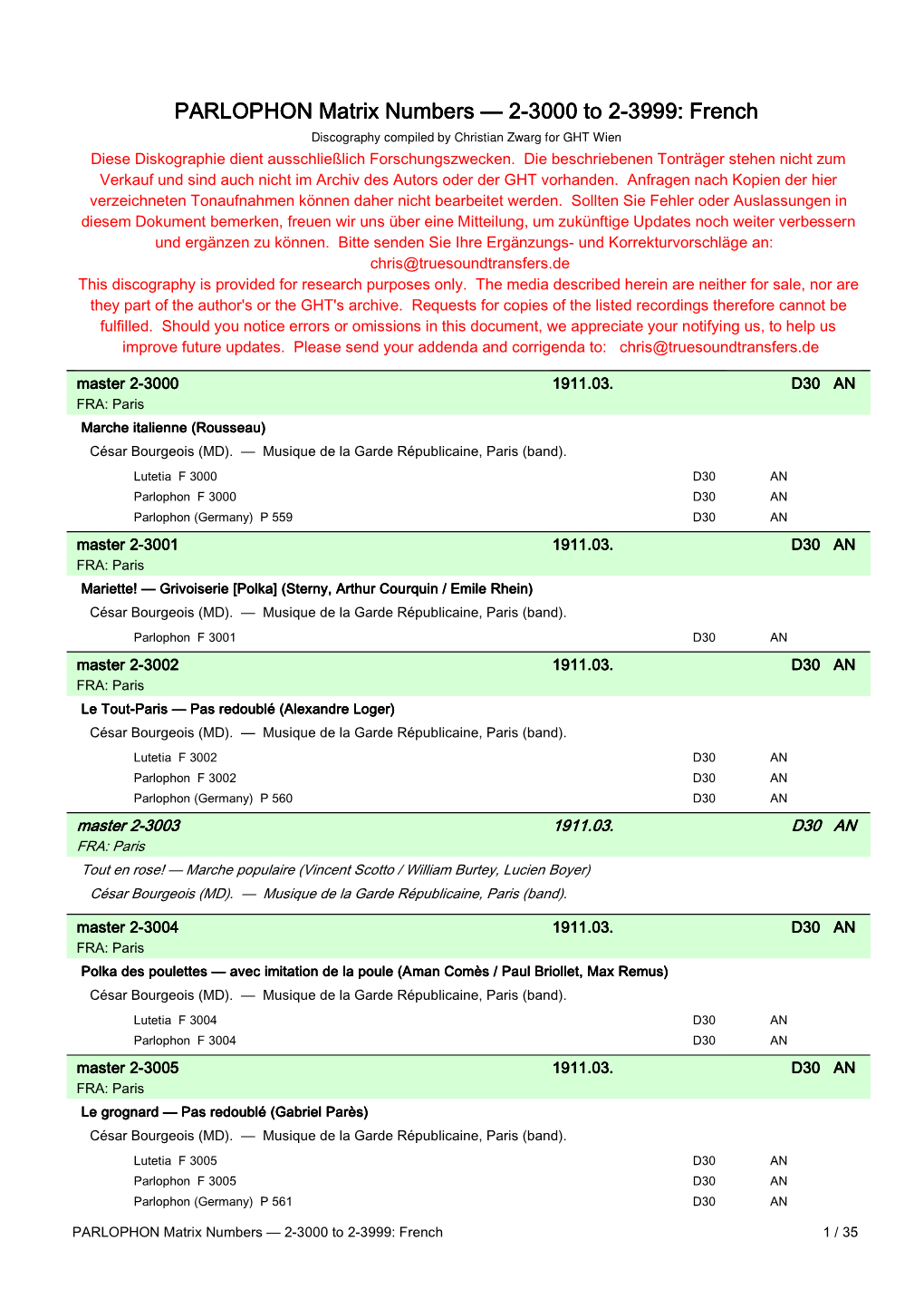 PARLOPHON Matrix Numbers — 2-3000 to 2-3999: French Discography Compiled by Christian Zwarg for GHT Wien Diese Diskographie Dient Ausschließlich Forschungszwecken