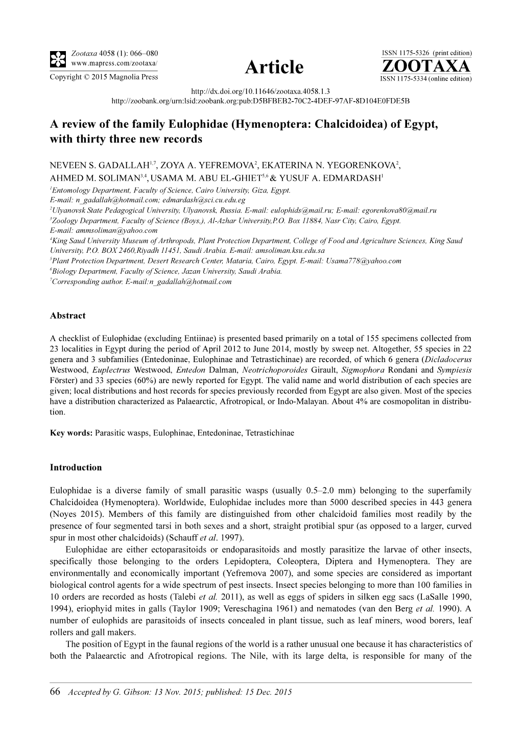 Hymenoptera: Chalcidoidea) of Egypt, with Thirty Three New Records