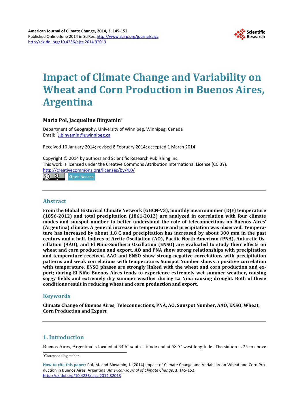 Impact of Climate Change and Variability on Wheat and Corn Production in Buenos Aires, Argentina