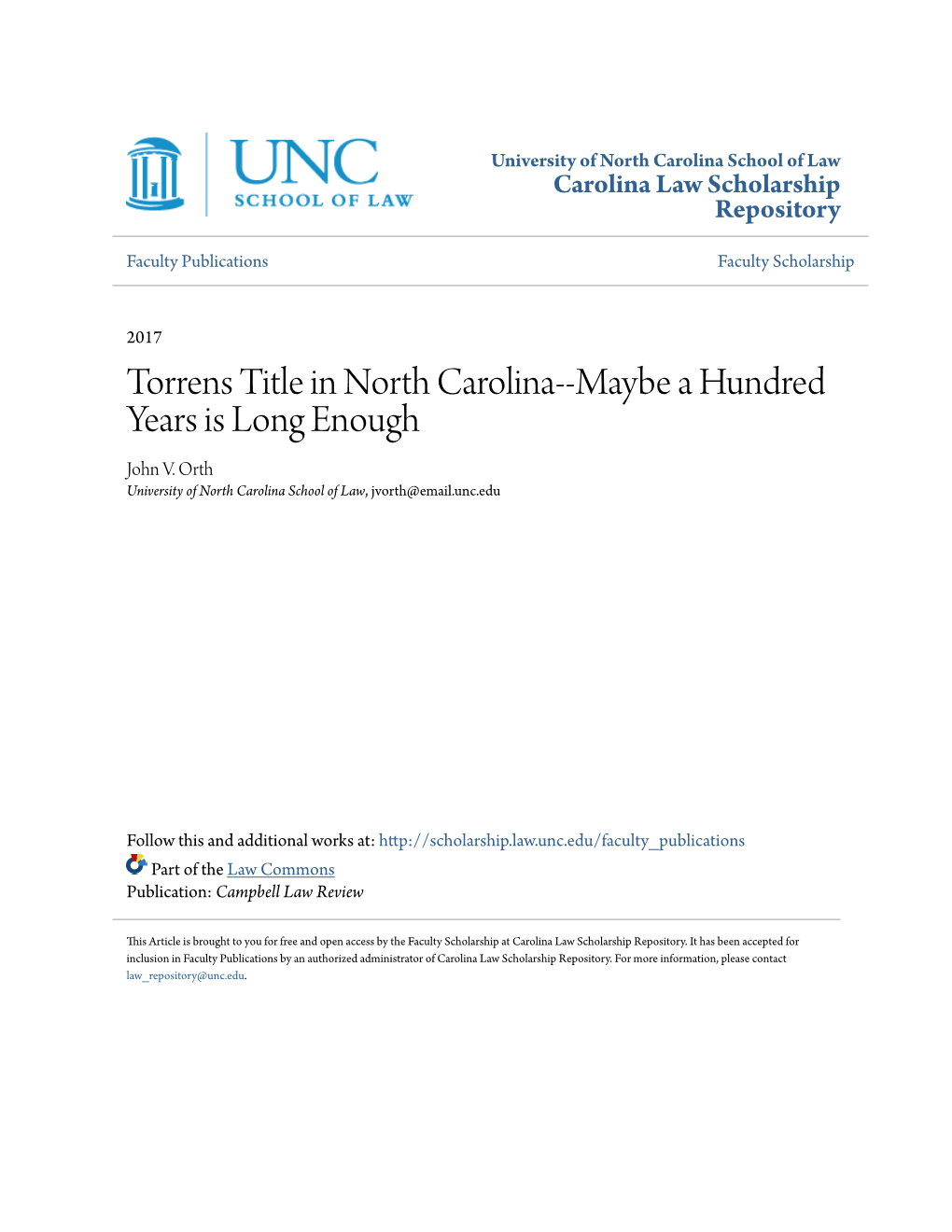 Torrens Title in North Carolina--Maybe a Hundred Years Is Long Enough John V