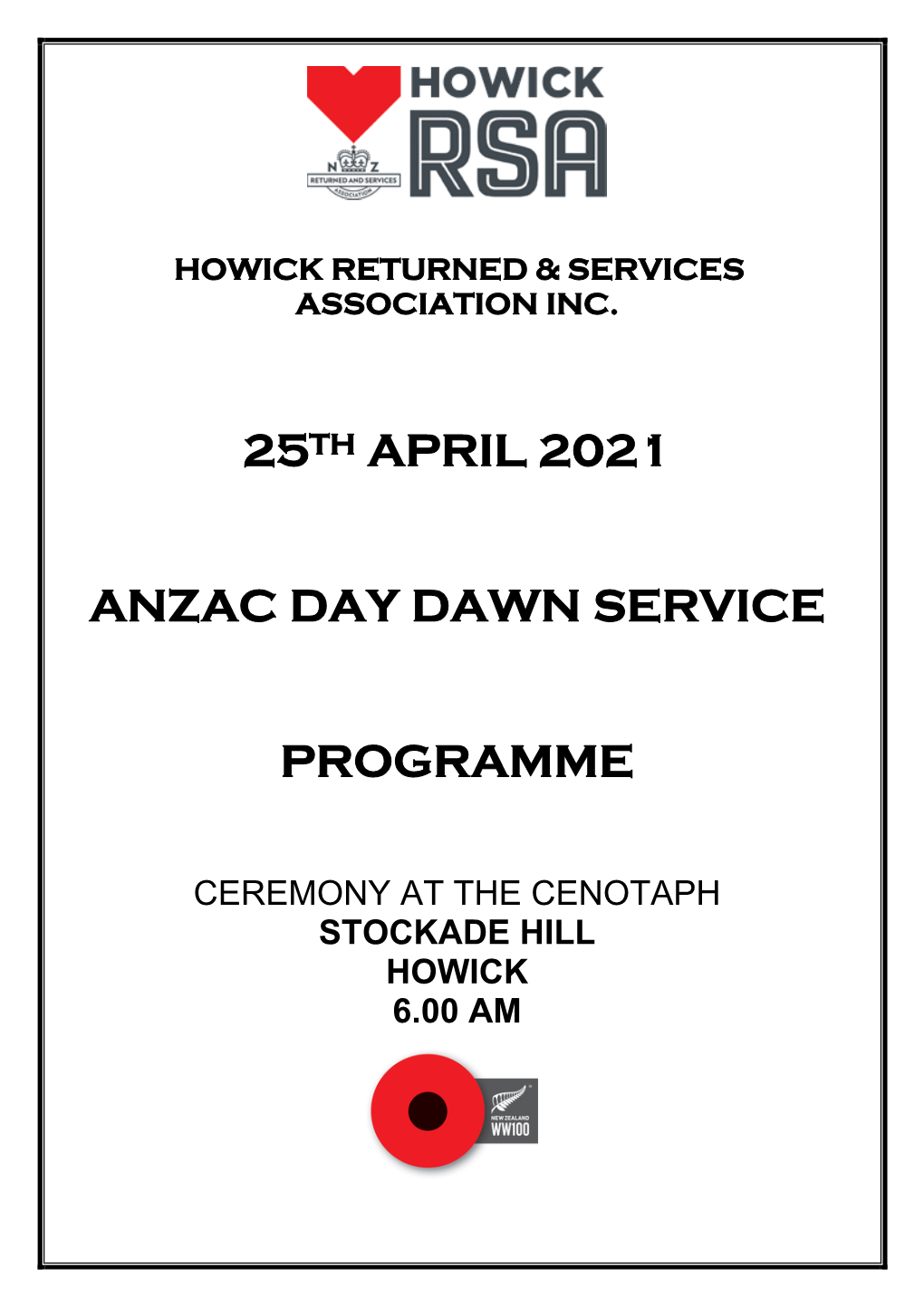 25Th April 2021 Anzac Day Dawn Service Programme