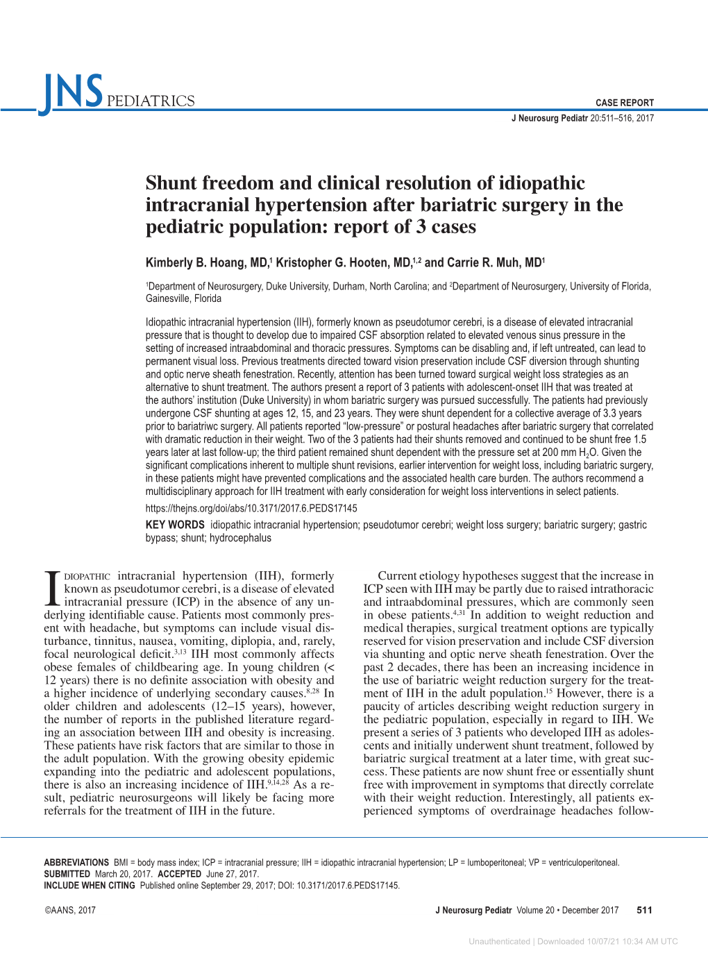 Shunt Freedom and Clinical Resolution of Idiopathic Intracranial Hypertension After Bariatric Surgery in the Pediatric Population: Report of 3 Cases