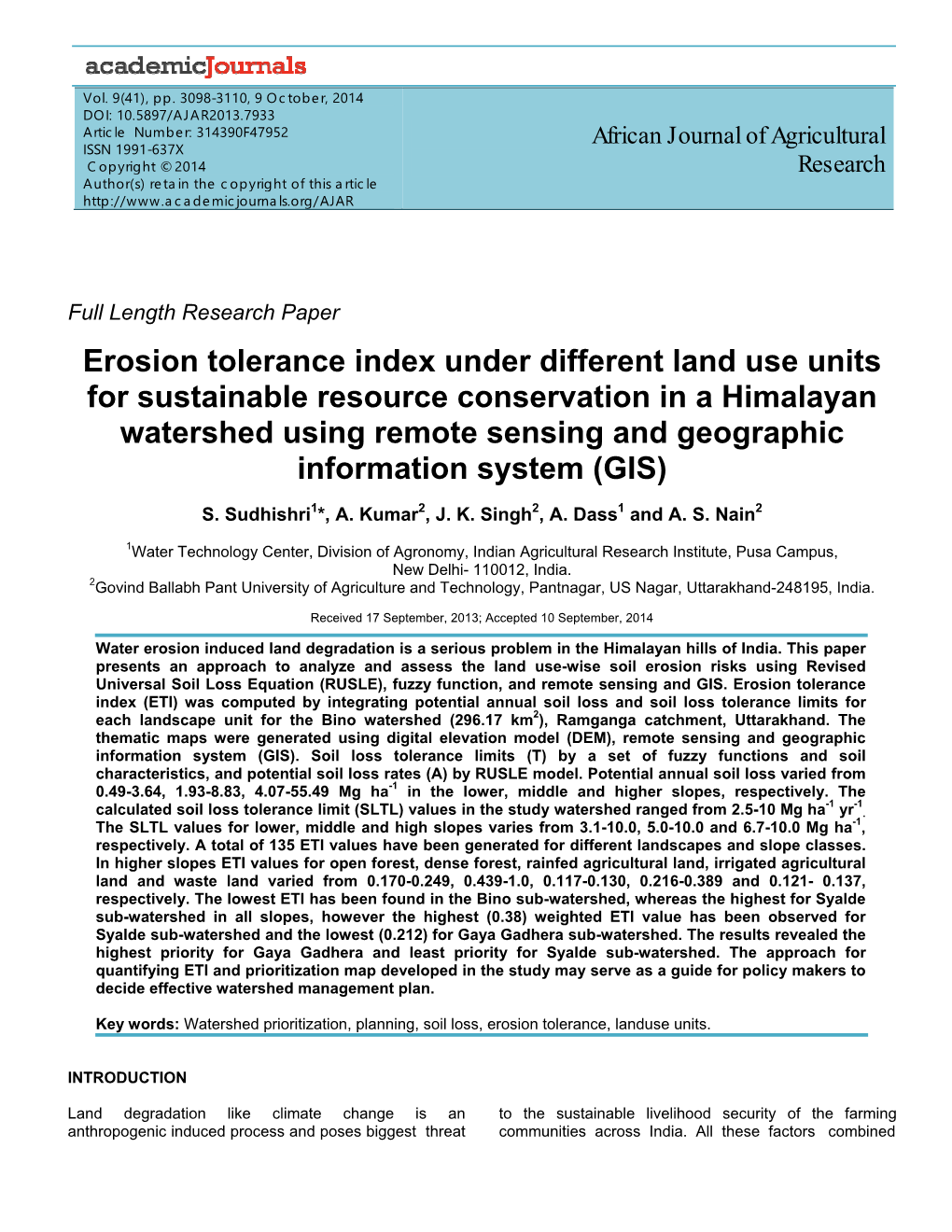 Erosion Tolerance Index Under Different Land Use Units For