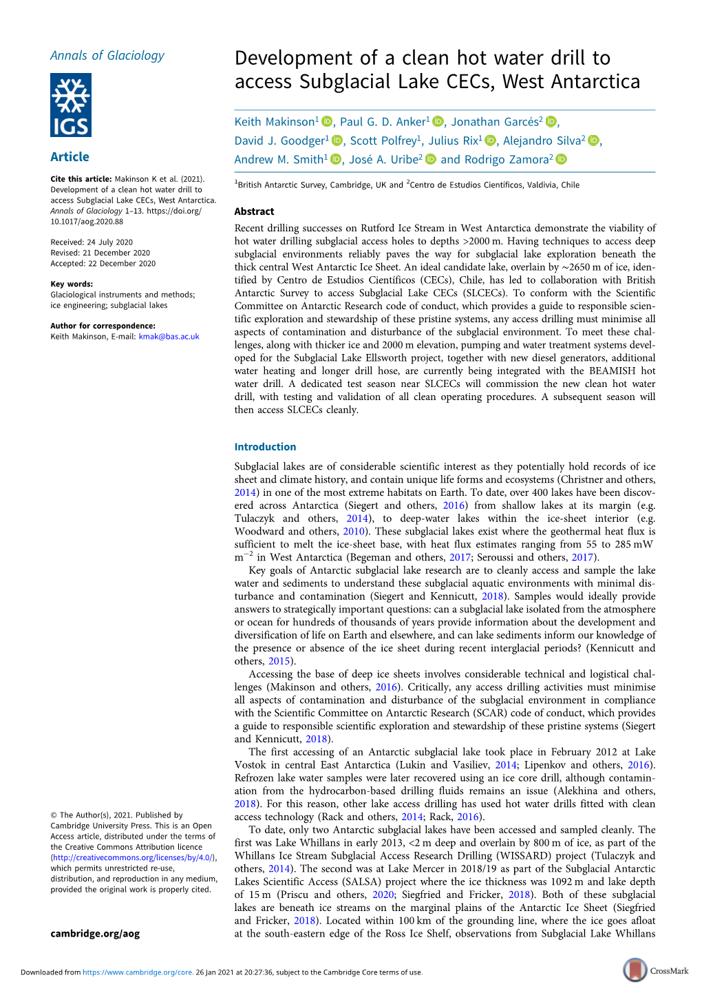 Development of a Clean Hot Water Drill to Access Subglacial Lake Cecs, West Antarctica