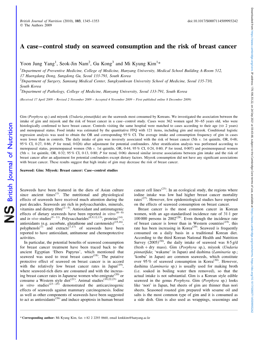 A Case–Control Study on Seaweed Consumption and the Risk of Breast Cancer
