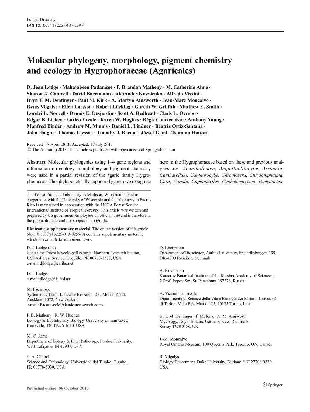 Molecular Phylogeny, Morphology, Pigment Chemistry and Ecology in Hygrophoraceae (Agaricales)