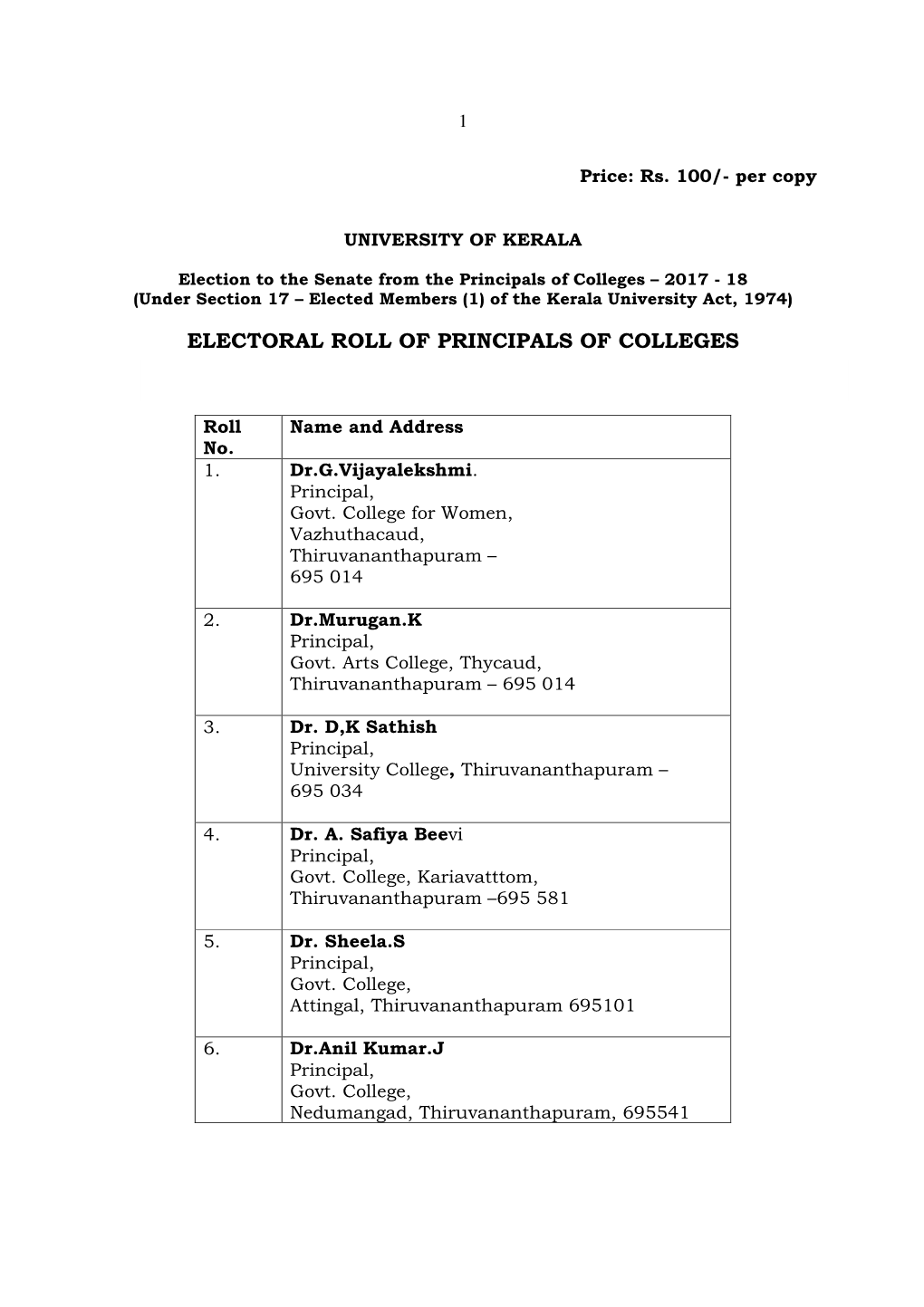 Electoral Roll of Principals of Colleges