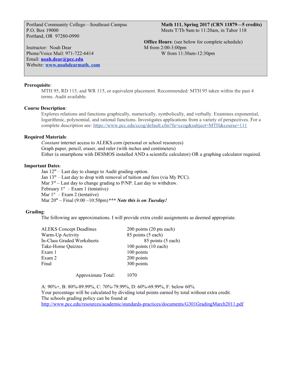 Portland Community College Southeast Campus Math 111, Spring 2017 (CRN 11879 5 Credits)