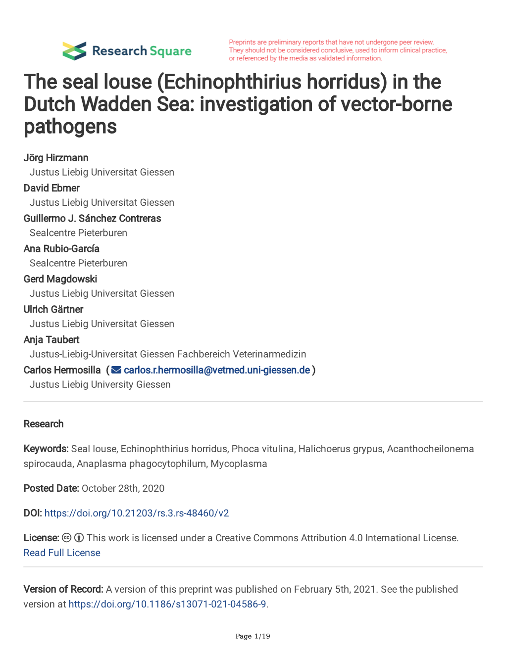 The Seal Louse (Echinophthirius Horridus) in the Dutch Wadden Sea: Investigation of Vector-Borne Pathogens