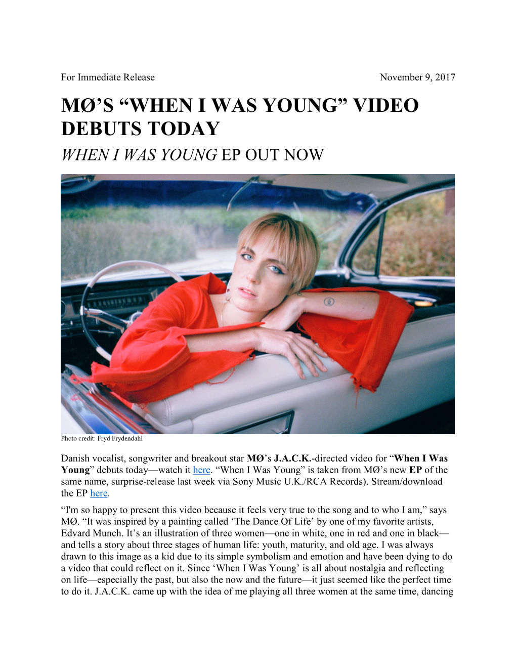 Mø's “When I Was Young” Video Debuts Today