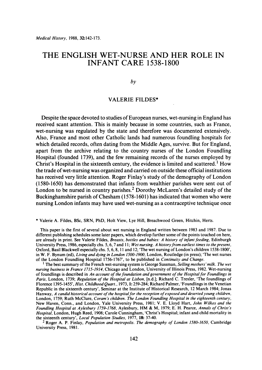 The English Wet-Nurse and Her Role in Infant Care 1538-1800