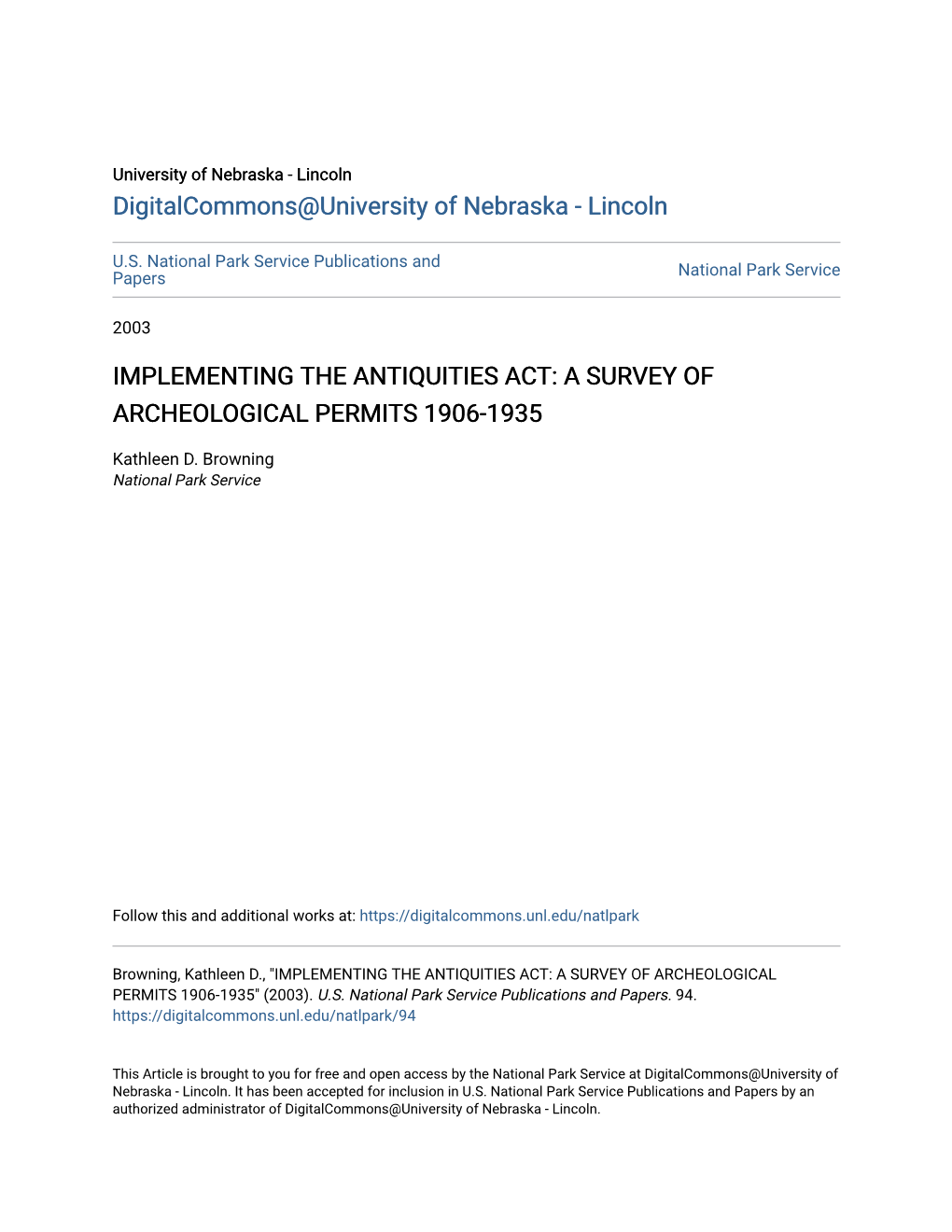 Implementing the Antiquities Act: a Survey of Archeological Permits 1906-1935