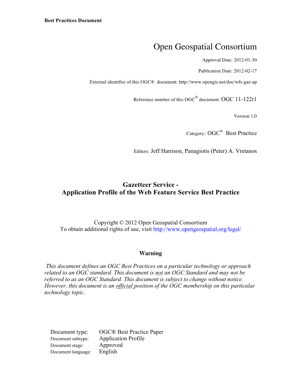 Gazetteer Service - Application Profile of the Web Feature Service Best Practice