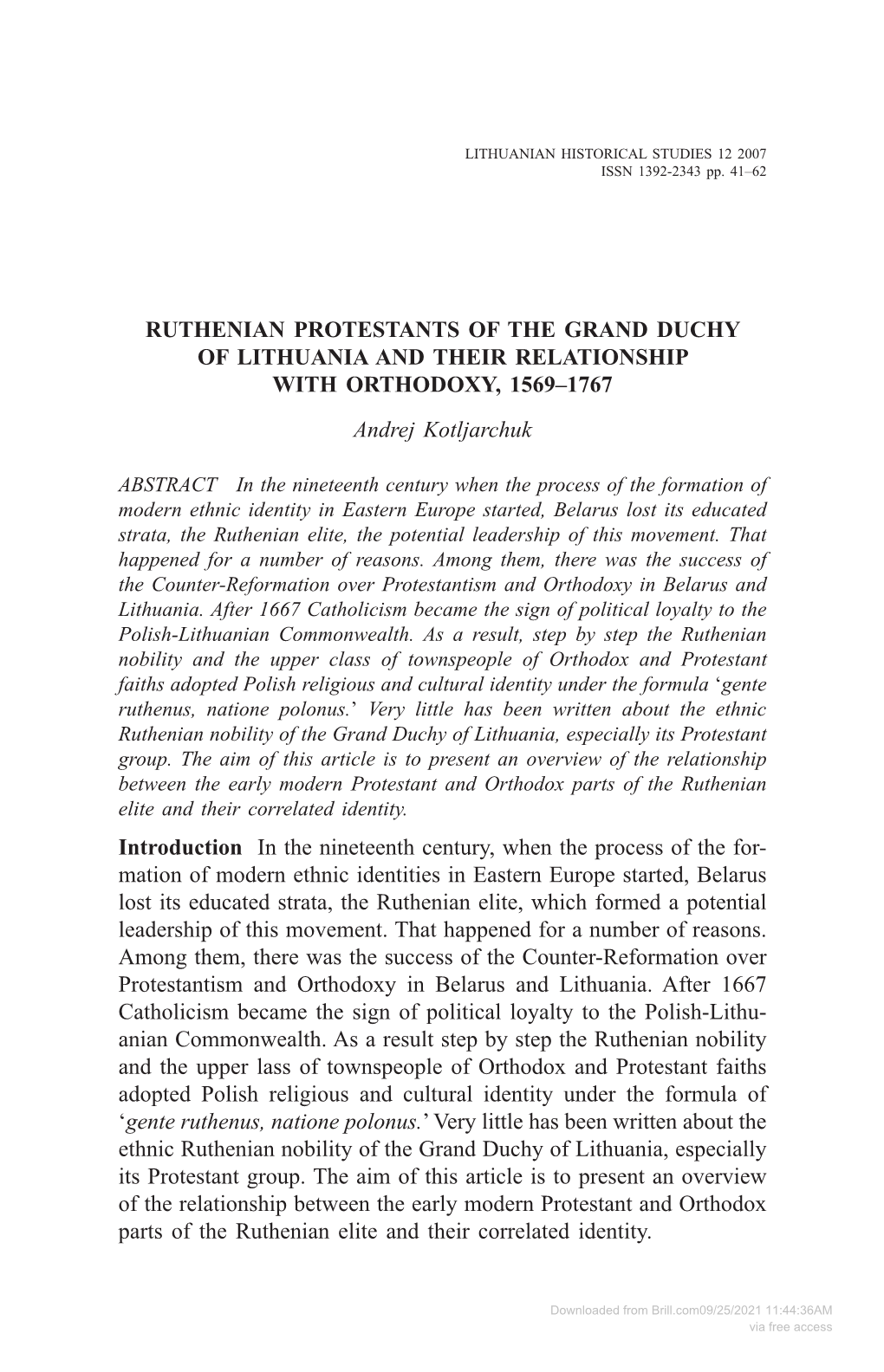 Ruthenian Protestants of the Grand Duchy of Lithuania and Their Relationship with Orthodoxy, 1569–1