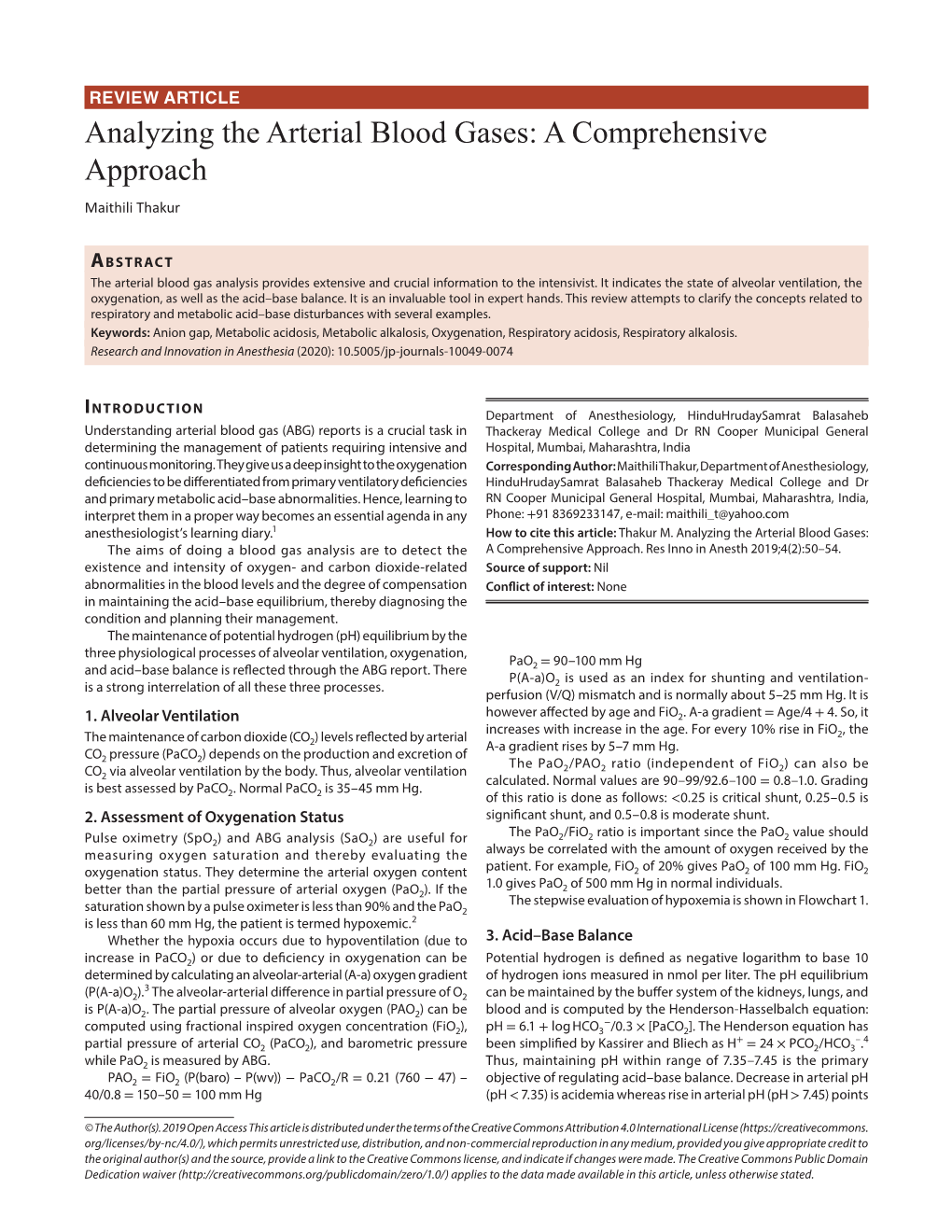 Analyzing the Arterial Blood Gases: a Comprehensive Approach Maithili Thakur