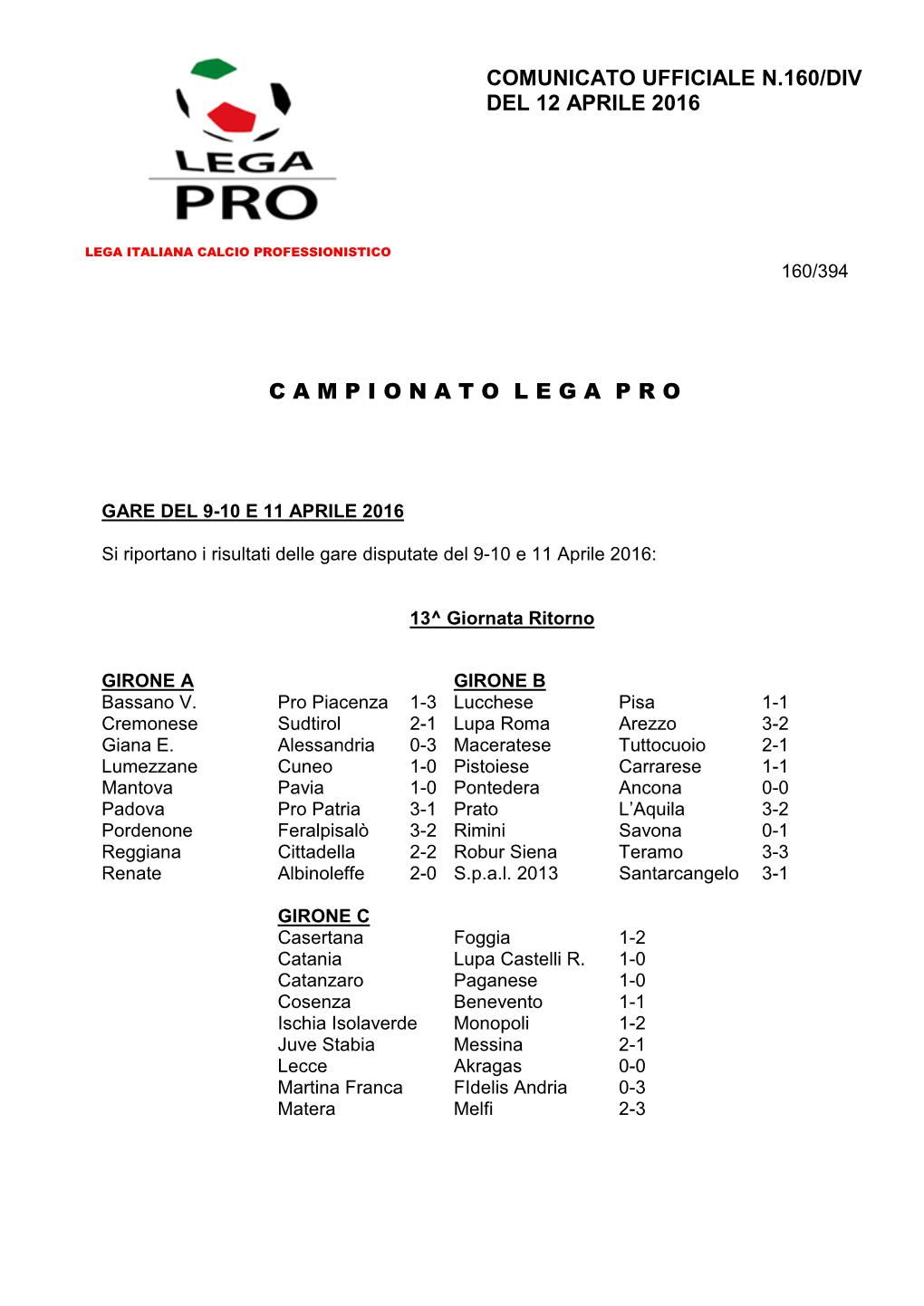 Comunicato Ufficiale N.160/Div Del 12 Aprile 2016