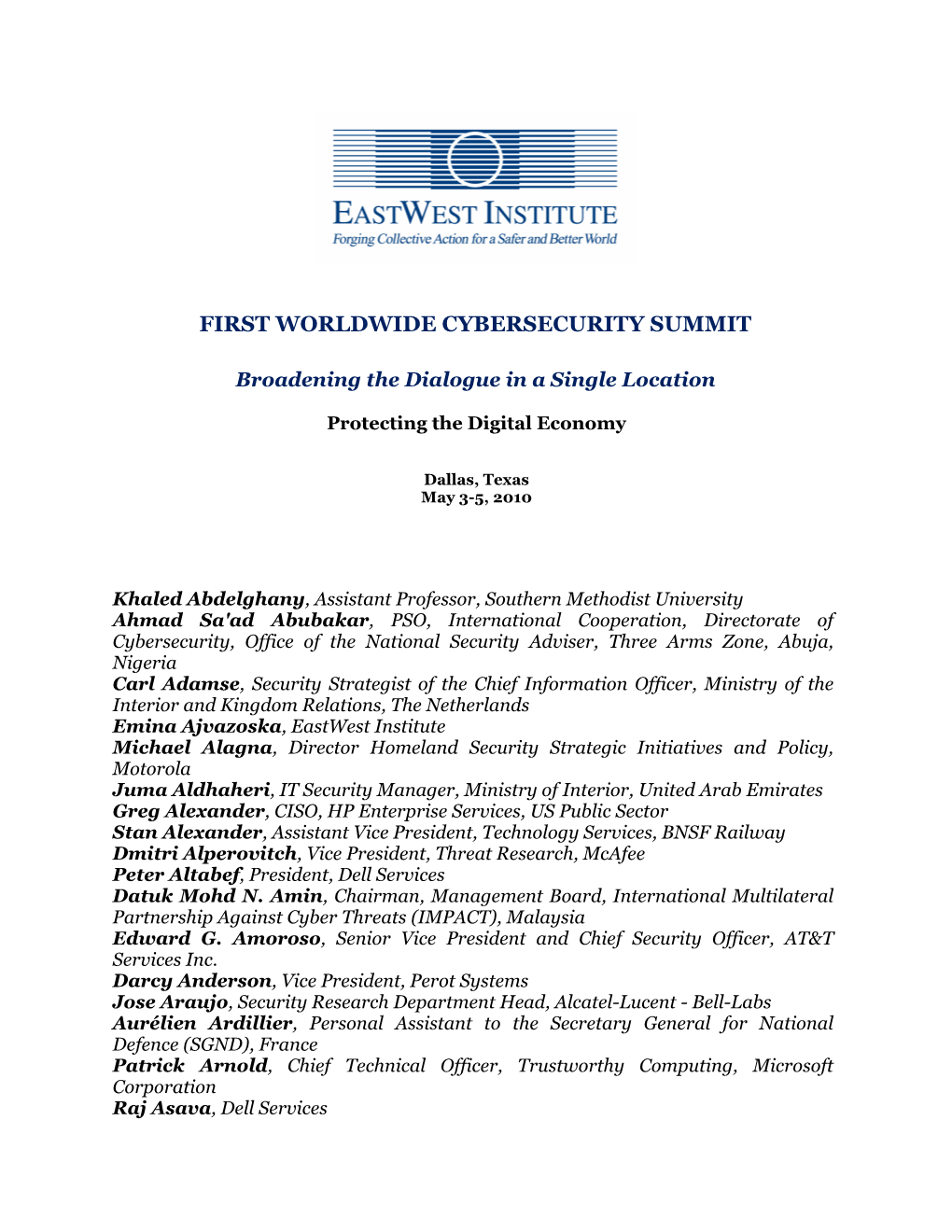 First Worldwide Cybersecurity Summit