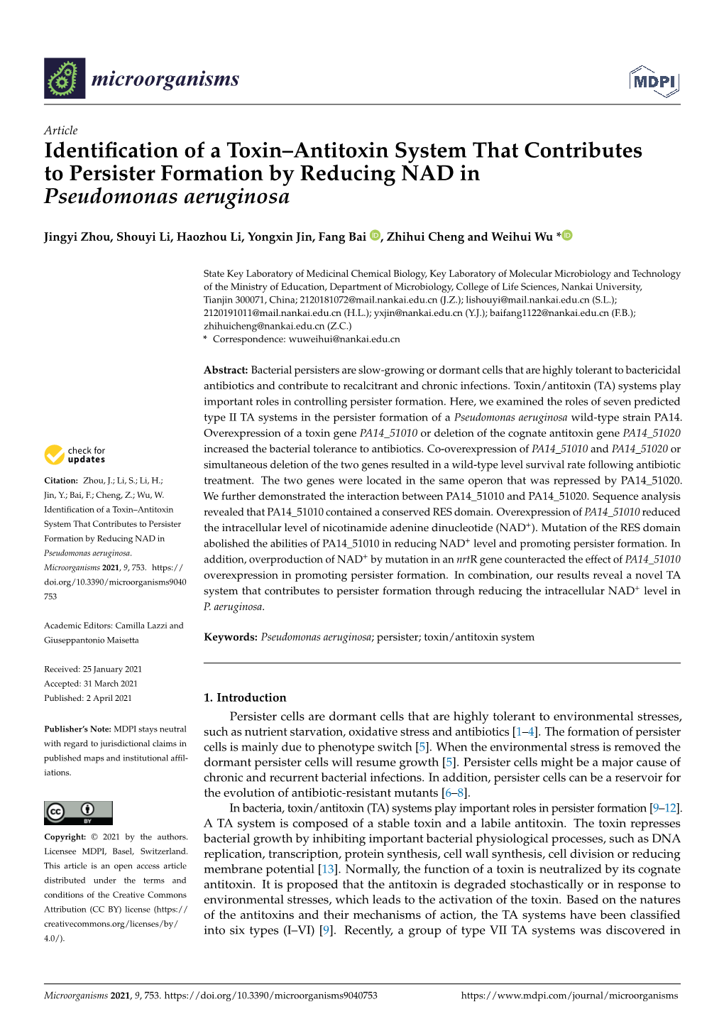 Identification of a Toxin–Antitoxin System That Contributes to Persister Formation by Reducing NAD in Pseudomonas Aeruginosa