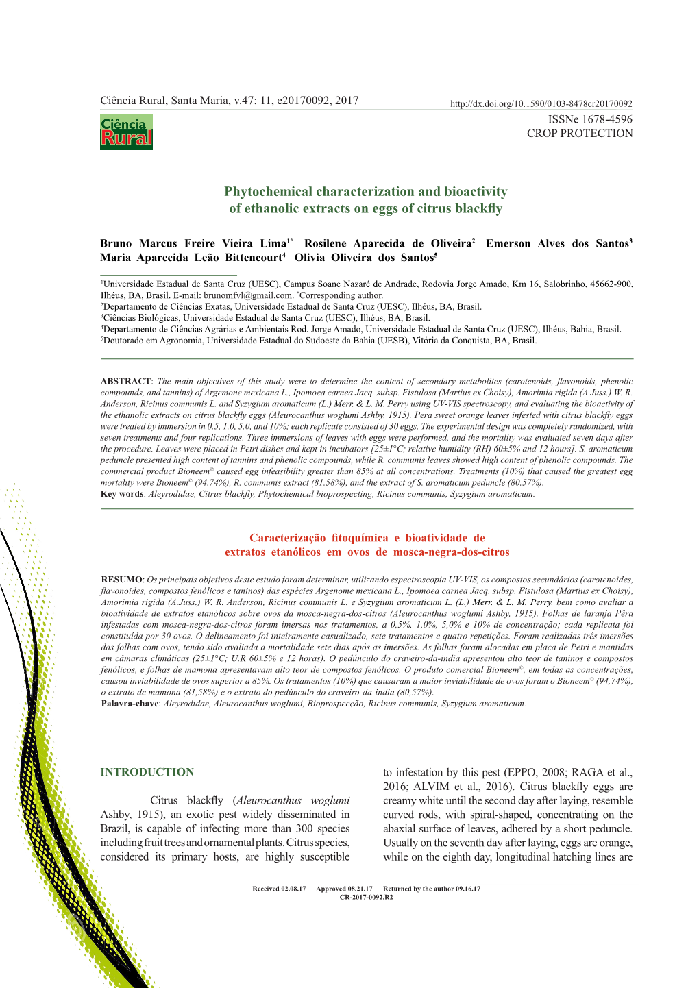 Phytochemical Characterization and Bioactivity of Ethanolic Extracts on Eggs of Citrus Blackfly