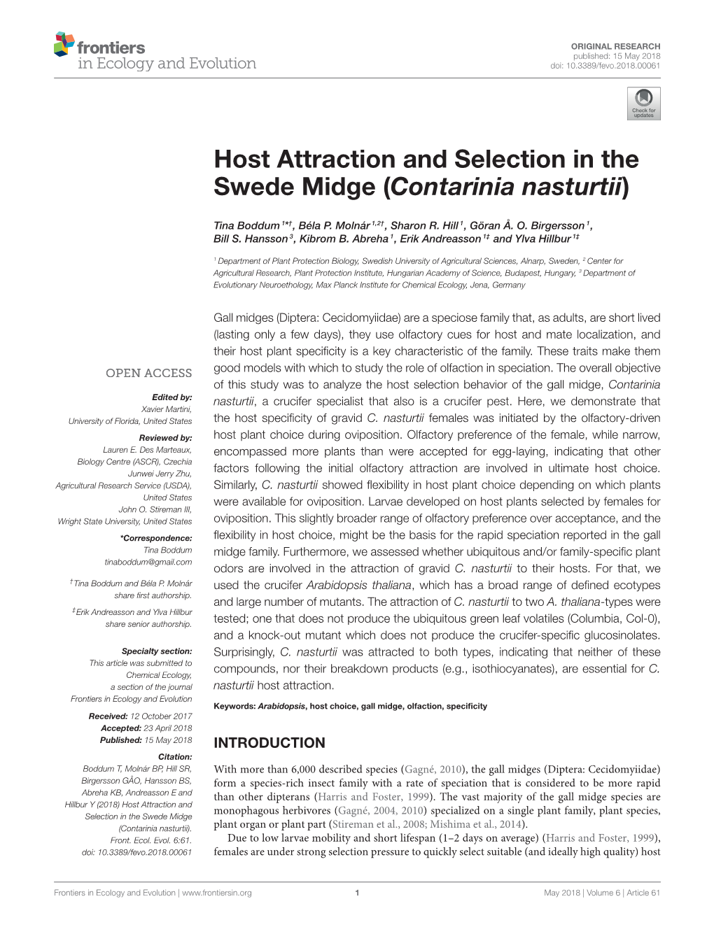 Host Attraction and Selection in the Swede Midge (Contarinia Nasturtii)