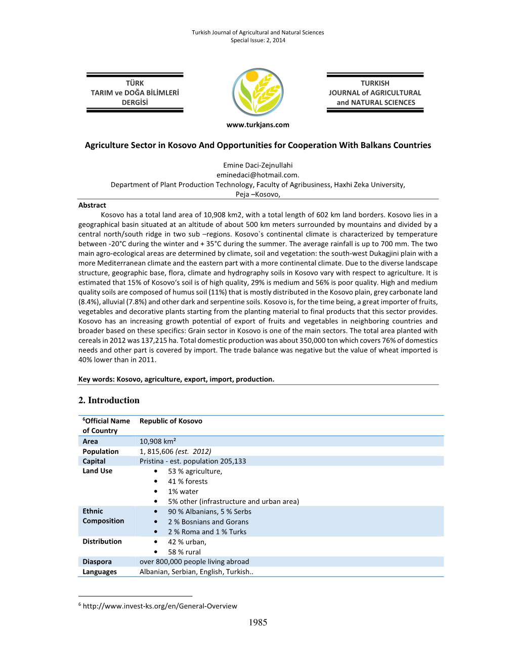 1985 Agriculture Sector in Kosovo and Opportunities for Cooperation