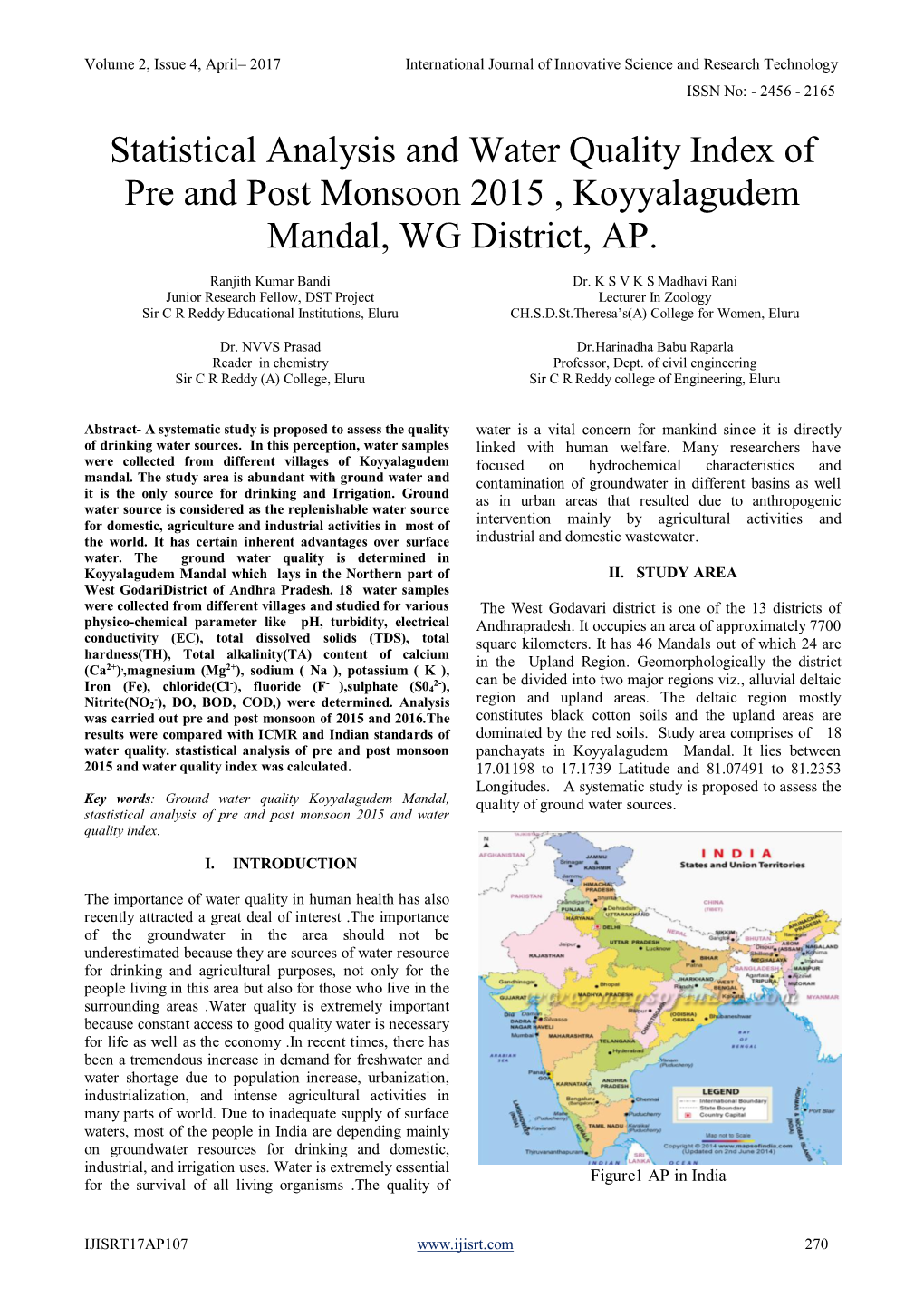 Statistical Analysis and Water Quality Index of Pre and Post Monsoon 2015 , Koyyalagudem Mandal, WG District, AP