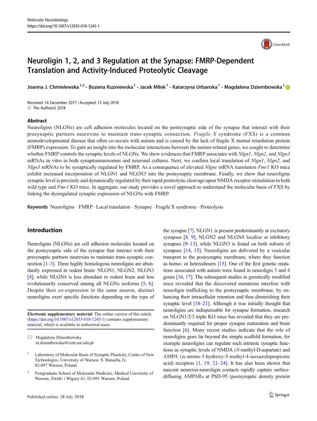 Neuroligin 1, 2, and 3 Regulation at the Synapse: FMRP-Dependent Translation and Activity-Induced Proteolytic Cleavage