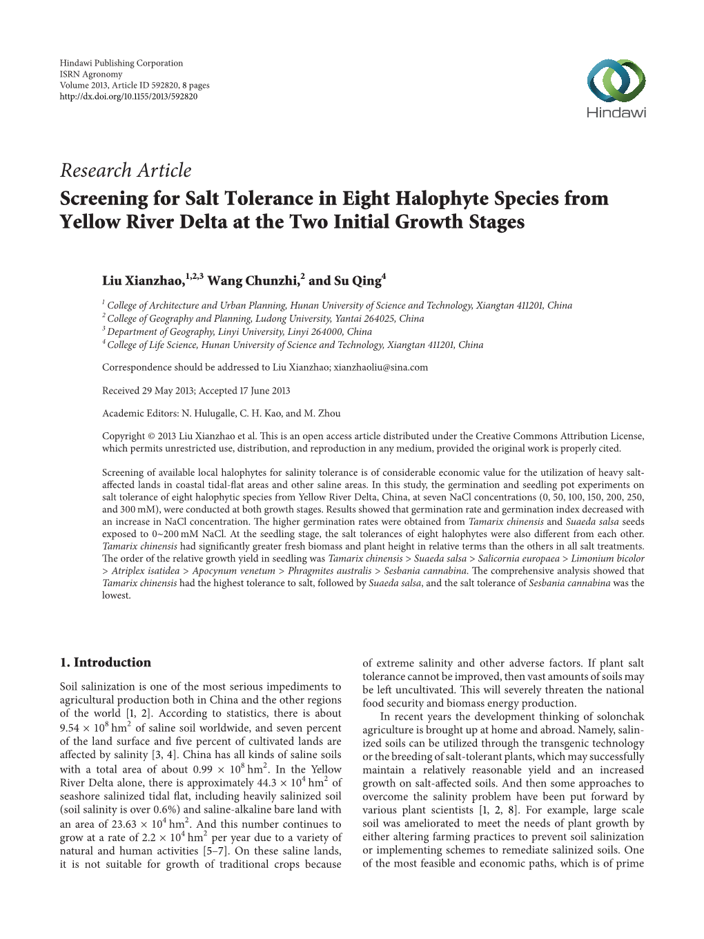 Screening for Salt Tolerance in Eight Halophyte Species from Yellow River Delta at the Two Initial Growth Stages