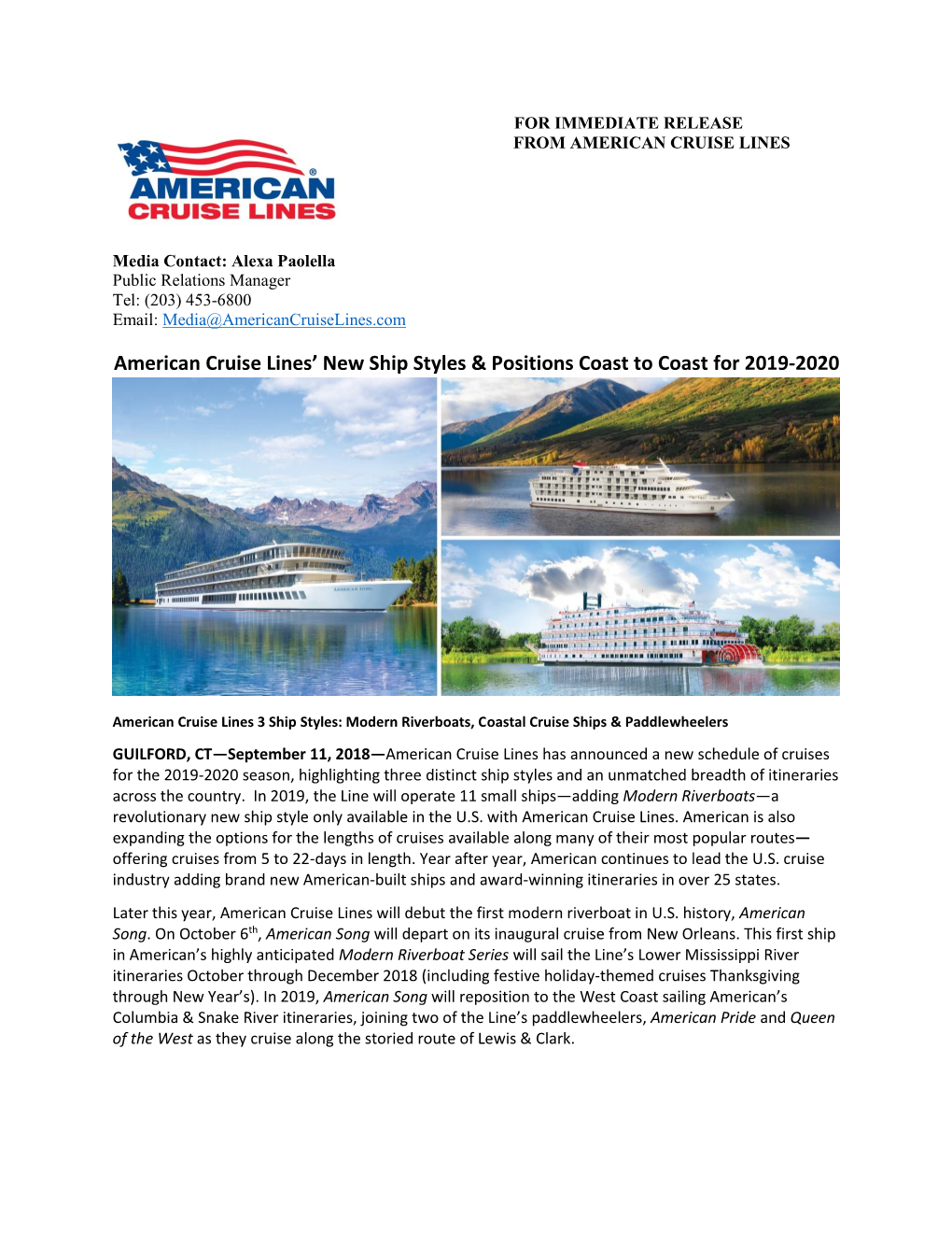 American Cruise Lines' New Ship Styles & Positions Coast to Coast