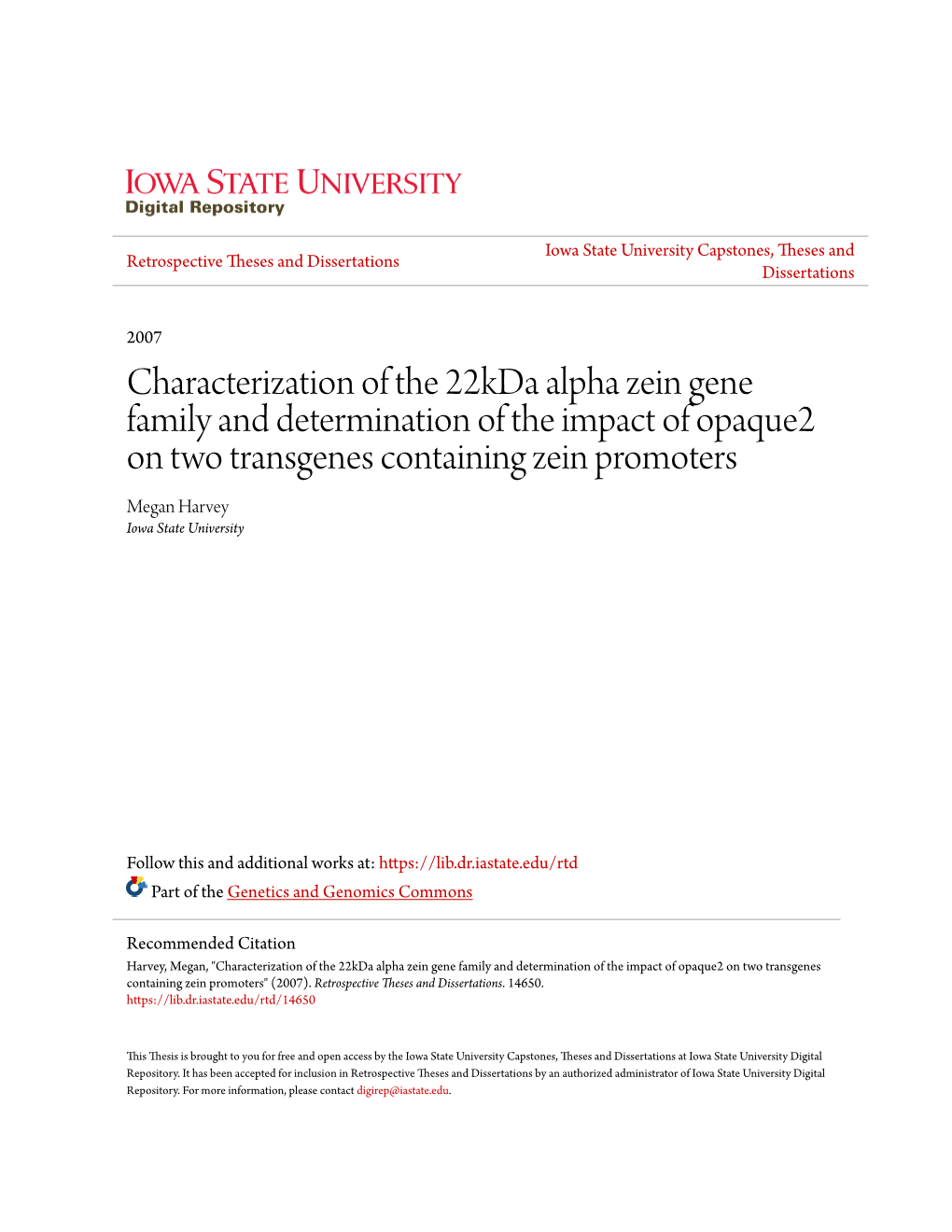 Characterization of the 22Kda Alpha Zein Gene Family and Determination