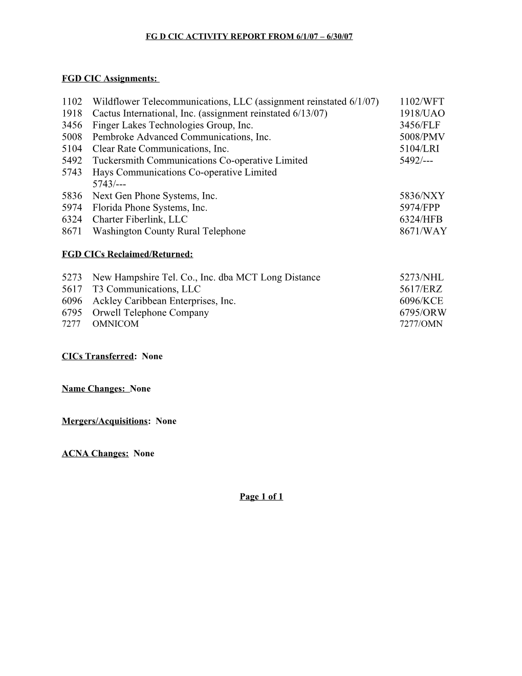 Fgd Cic Activity Report from 5/1/07 5/31/07