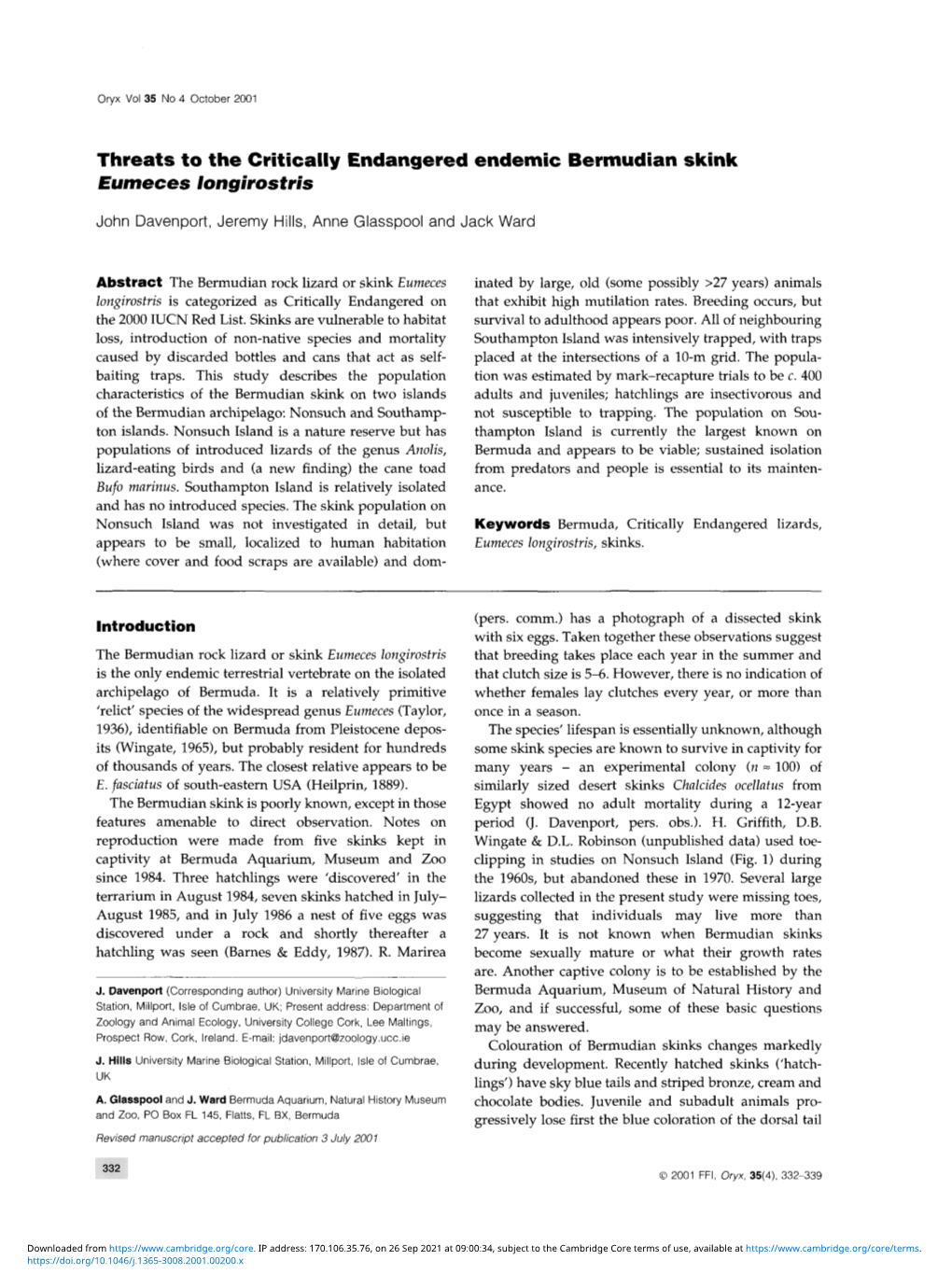 Threats to the Critically Endangered Endemic Bermudian Skink Eumeces Longirostris