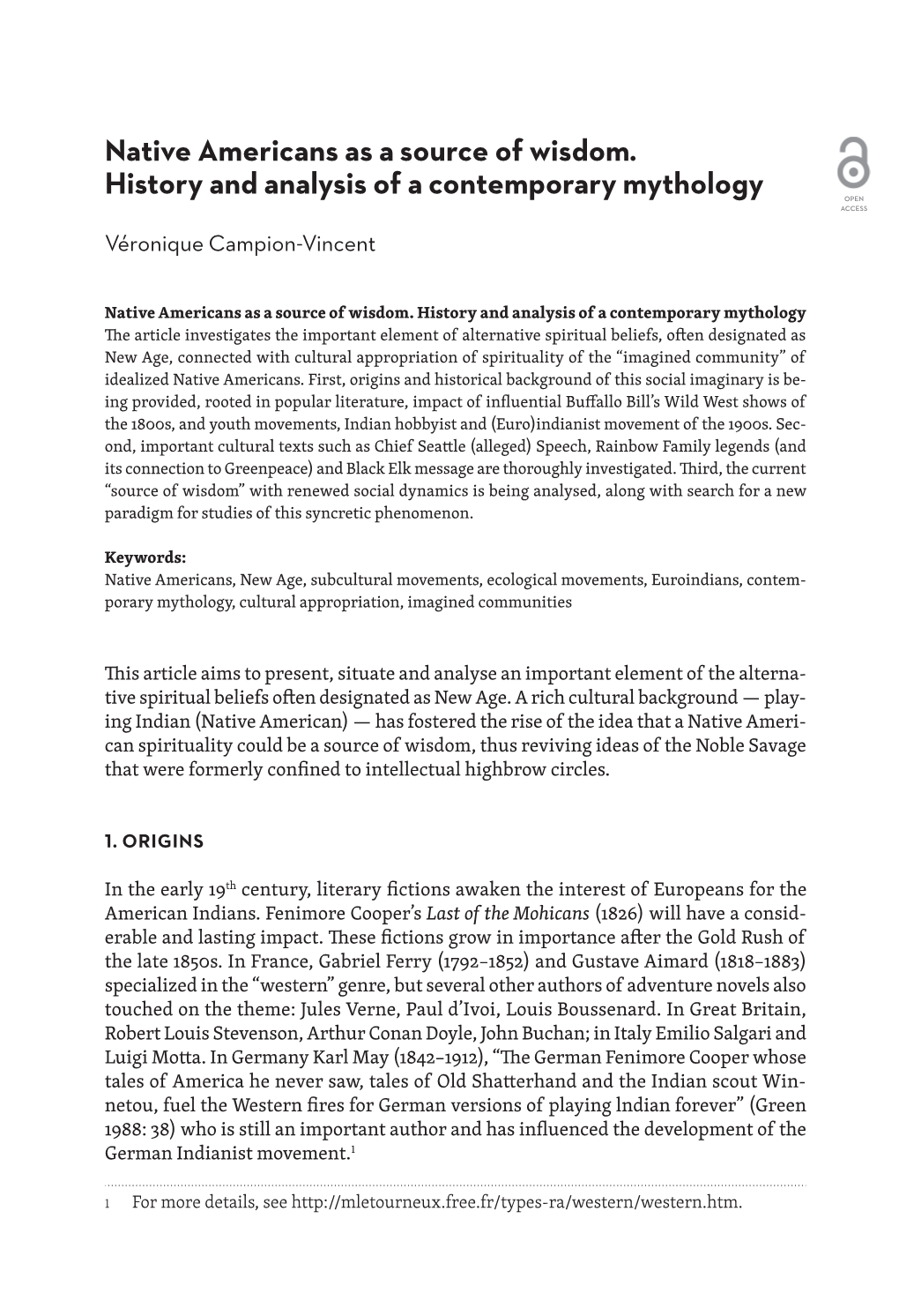 Native Americans As a Source of Wisdom. History and Analysis of a Contemporary Mythology OPEN ACCESS Véronique Campion-Vincent