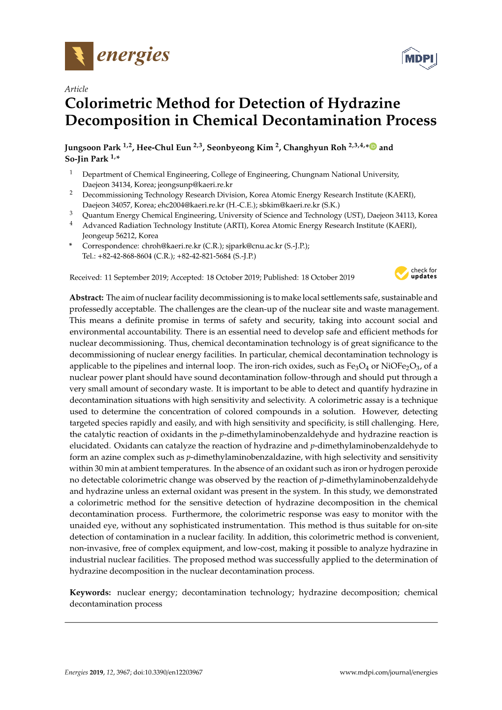 Colorimetric Method for Detection of Hydrazine Decomposition in Chemical Decontamination Process