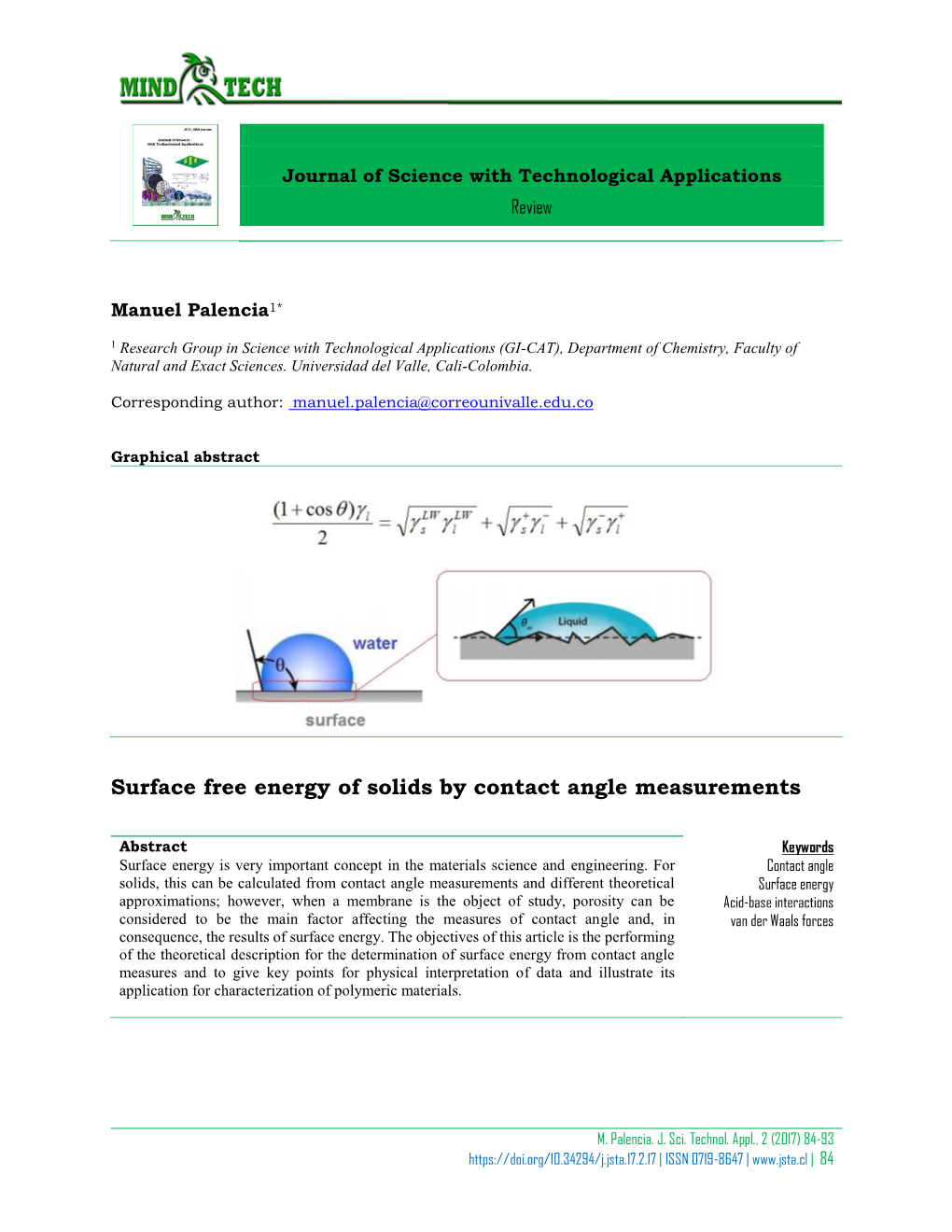 Surface Free Energy of Solids by Contact Angle Measurements