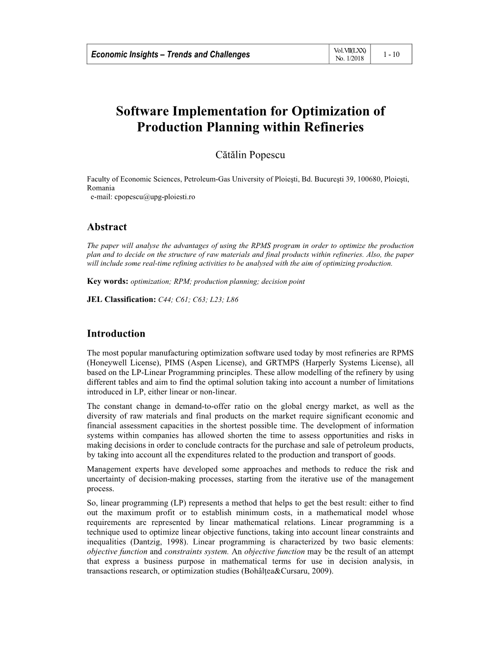 Software Implementation for Optimization of Production Planning Within Refineries