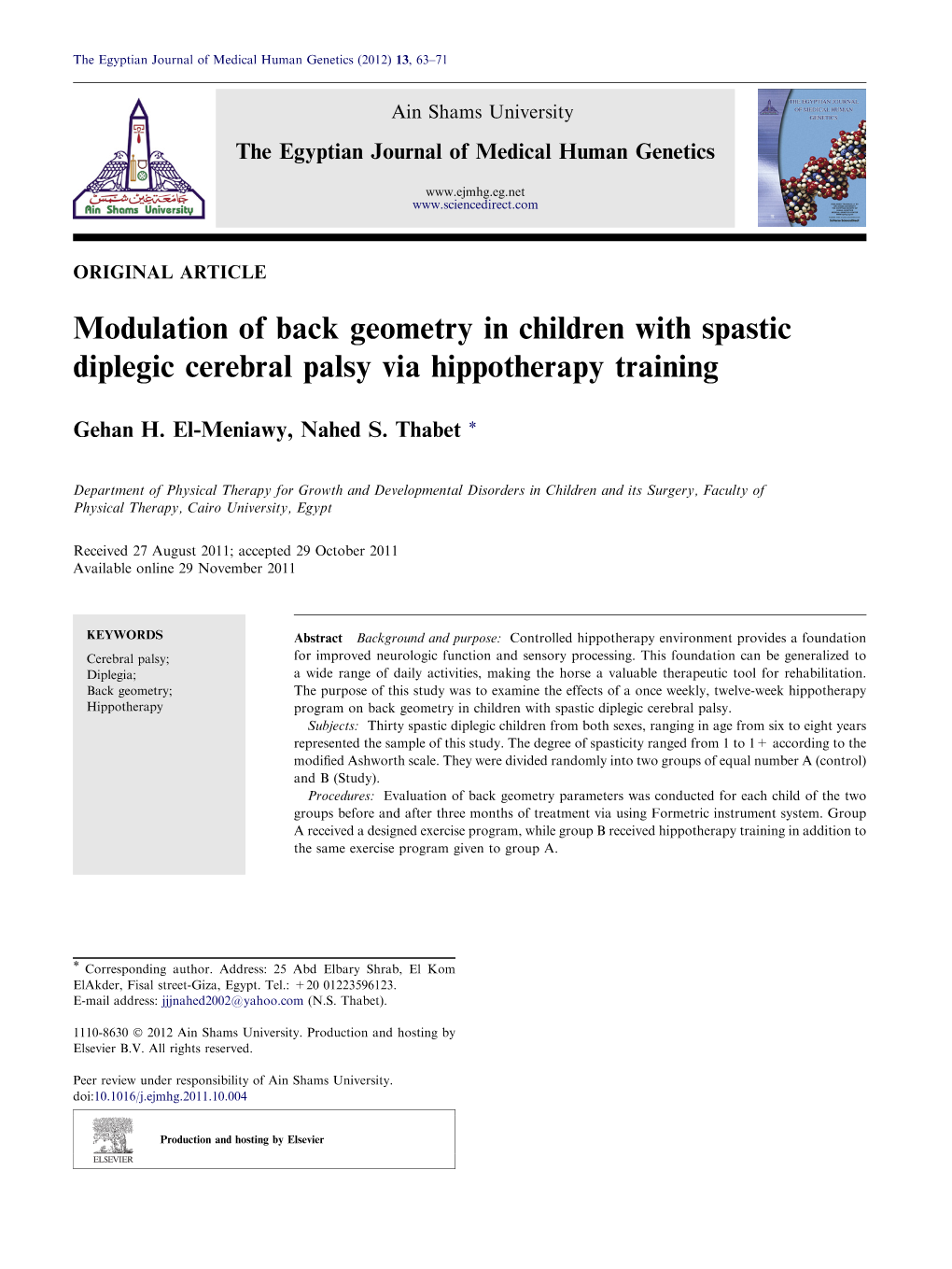 Modulation of Back Geometry in Children with Spastic Diplegic Cerebral Palsy Via Hippotherapy Training