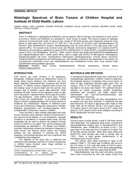 Histologic Spectrum of Brain Tumors at Children Hospital and Institute of Child Health, Lahore