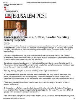 Former Justice Minister: Settlers, Haredim 'Dictating Country's Agenda'
