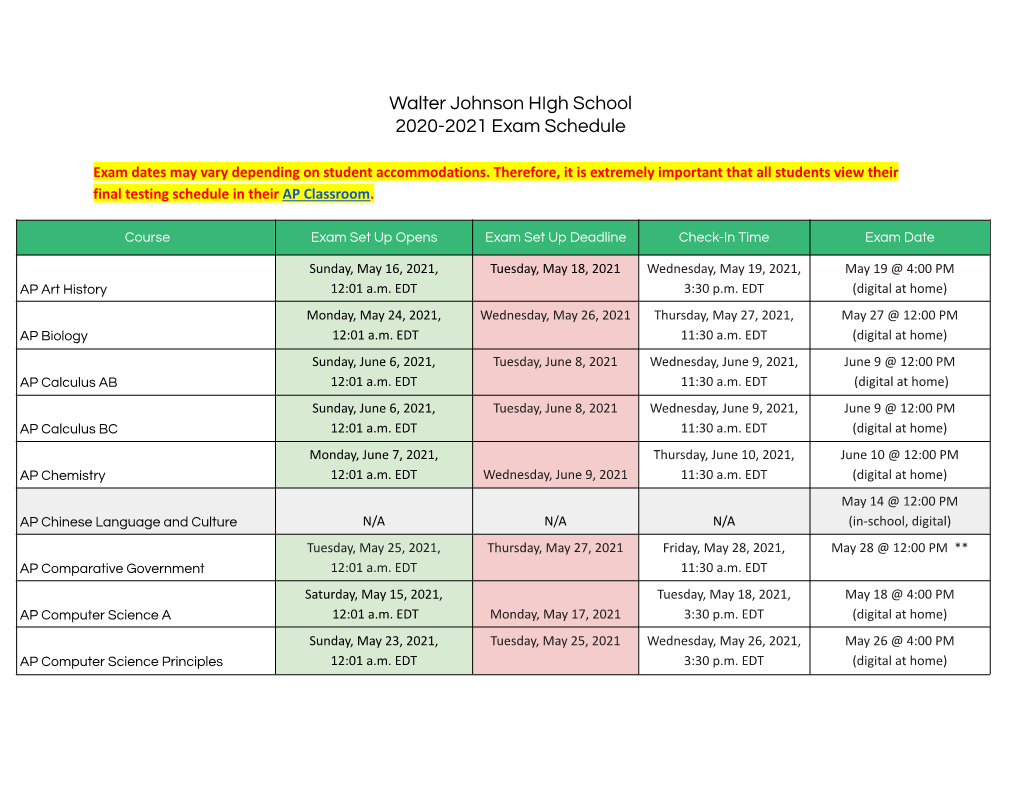 WJHS AP Exam Schedule 2020-2021